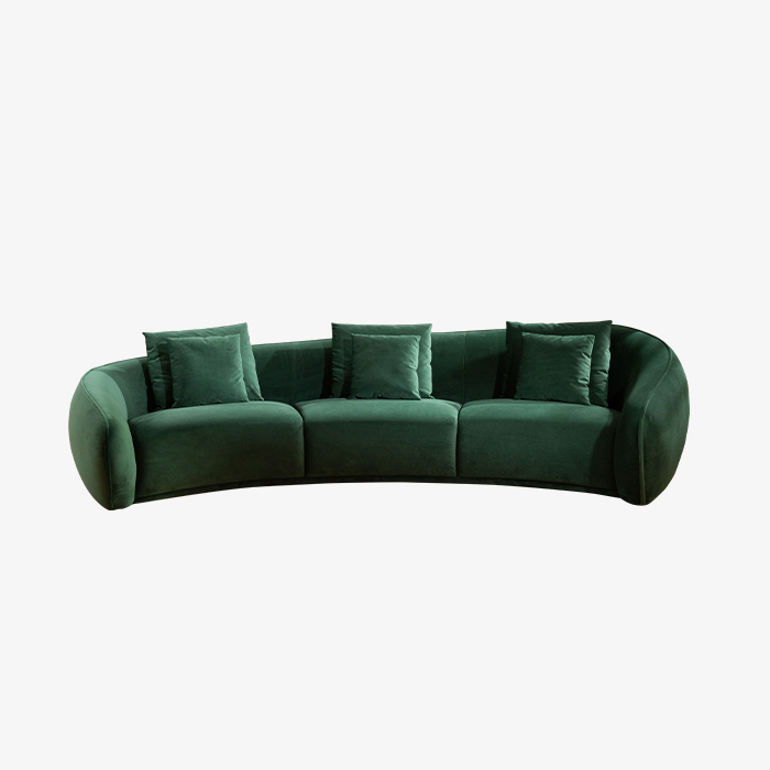 Modern Dark Green Curved Three-seater Velvet Sofa Couch with Pillows for Living Room