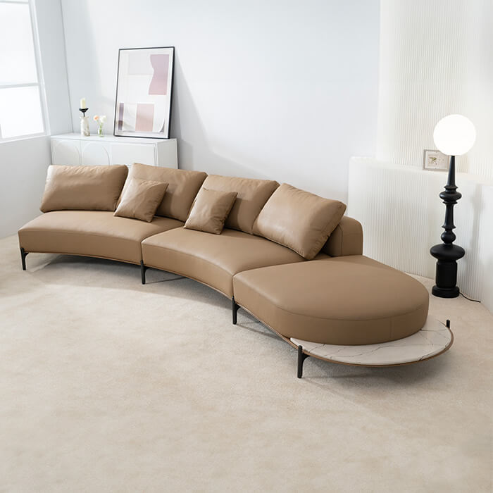 Modern Italian Saddle Leather Brown Curved Armless Upholstered Sofa