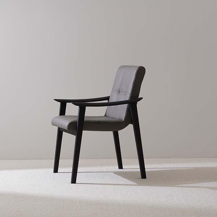 Minimalist Luxury Grey Leather Upholstered Dining Armchair with Wood Legs