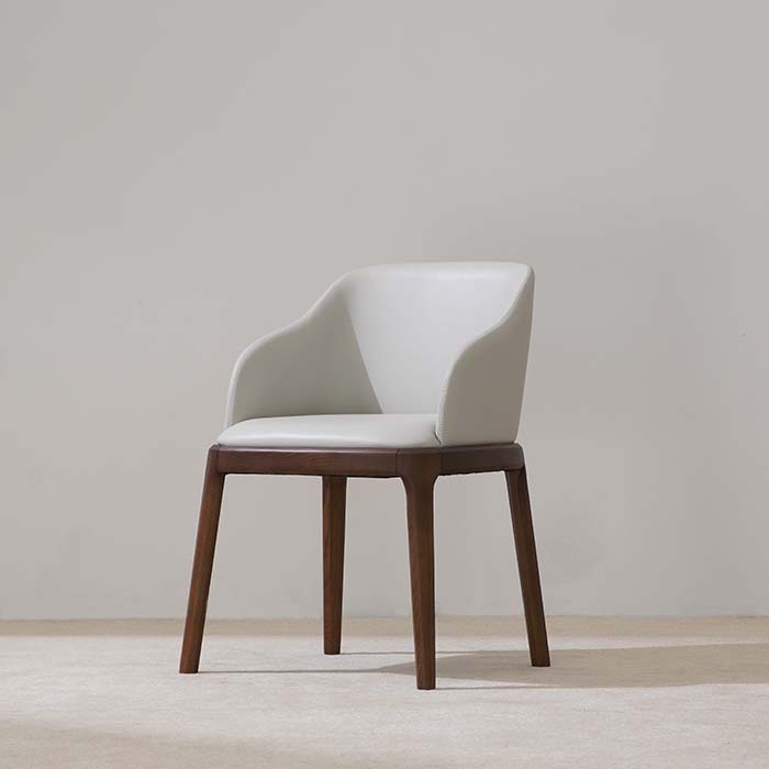 Modern White Leather Upholstered Dining Armchair with Wood Legs