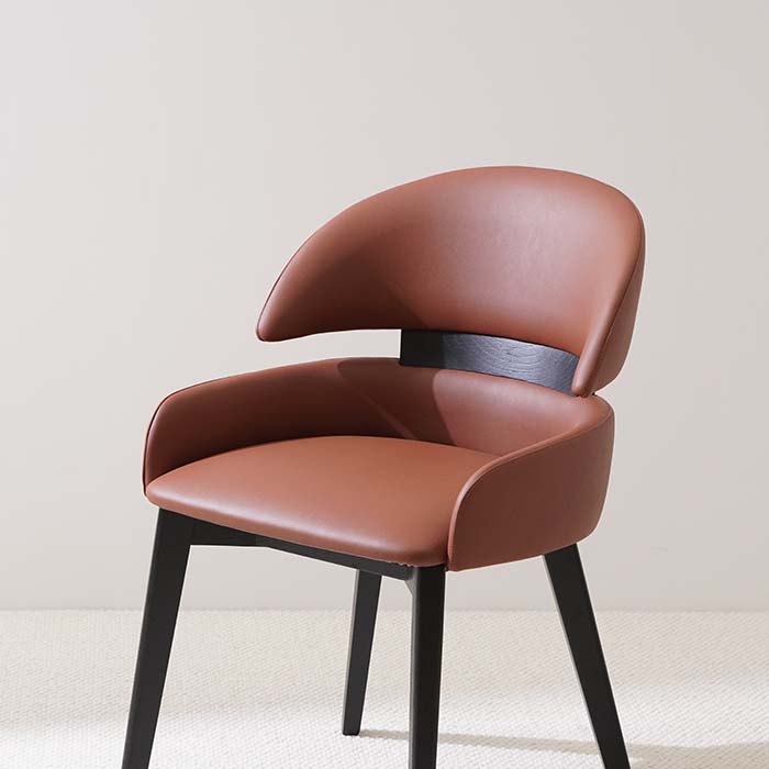 Modern Brown Leather Upholstered Wingback Dining Chair with Wood Legs