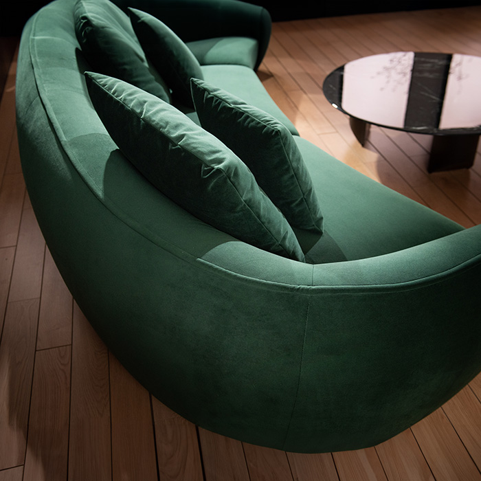 Modern Dark Green Curved Three-seater Velvet Sofa Couch with Pillows for Living Room