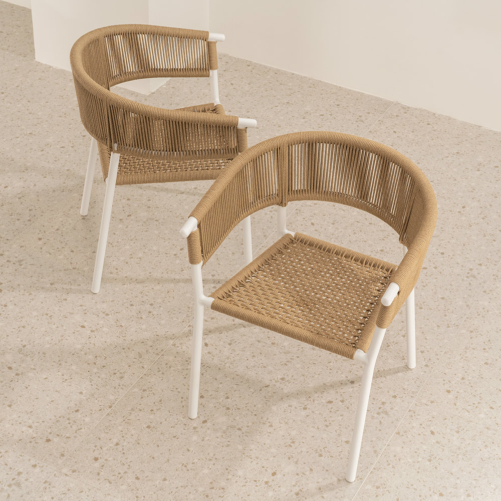 White Outdoor Metal Furniture Woven Dining Chair With Arms