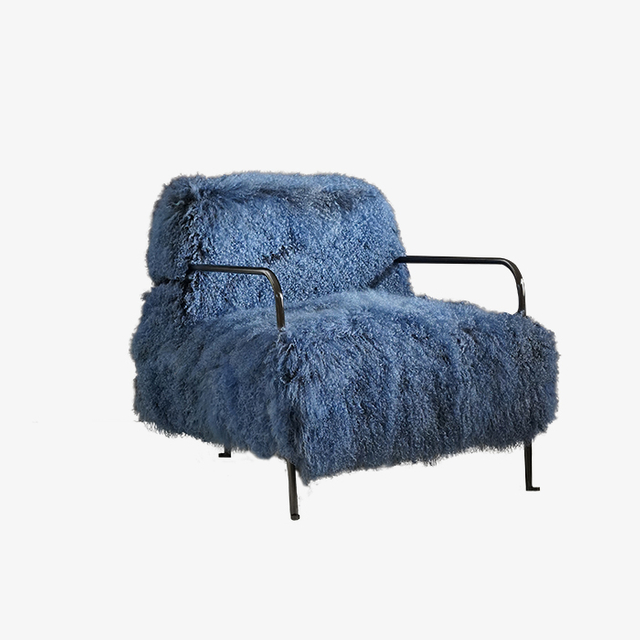 Luxury Blue Wool Accent Chair Single Armchair with Metal Frame