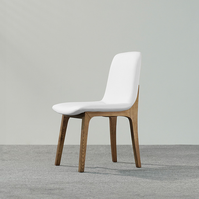 Modern White Leather Upholstered Dining Chairs with Wood Frame