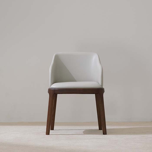 Modern White Leather Upholstered Dining Armchair with Wood Legs