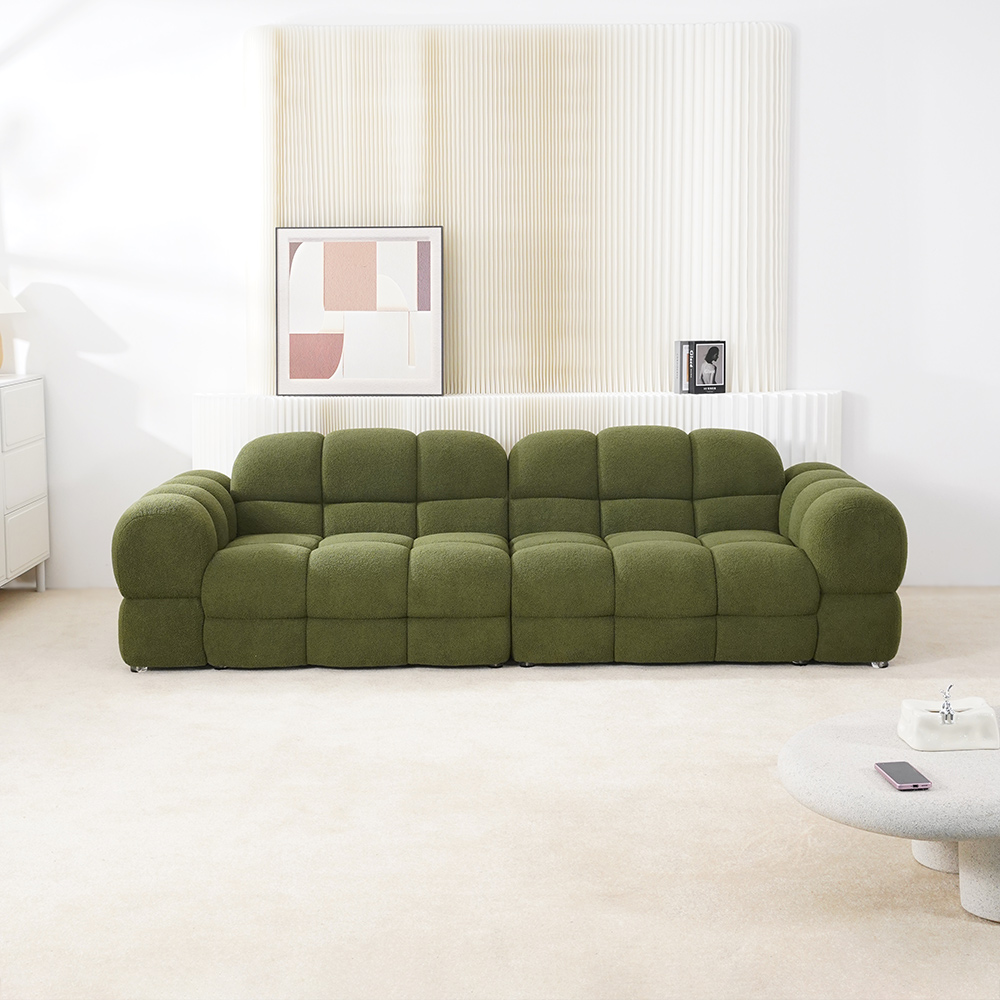 Modern Style Green Lazy Sofa Sherpa Fabric Three Seater Marshmallow Sofa with Pillows for Living Room