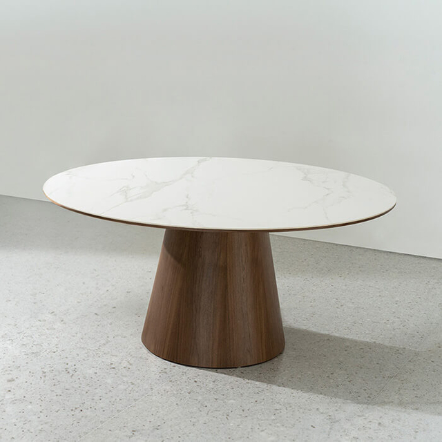 Mid-Century Modern Round Marble Top Dining Table with Walnut Veneer Base for Dining Room