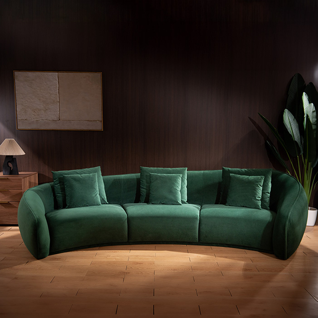 Modern Dark Green Curved Three-seater Velvet Sofa Couch with Pillows for Living Room