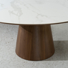 Mid-Century Modern Round Marble Top Dining Table with Walnut Veneer Base for Dining Room