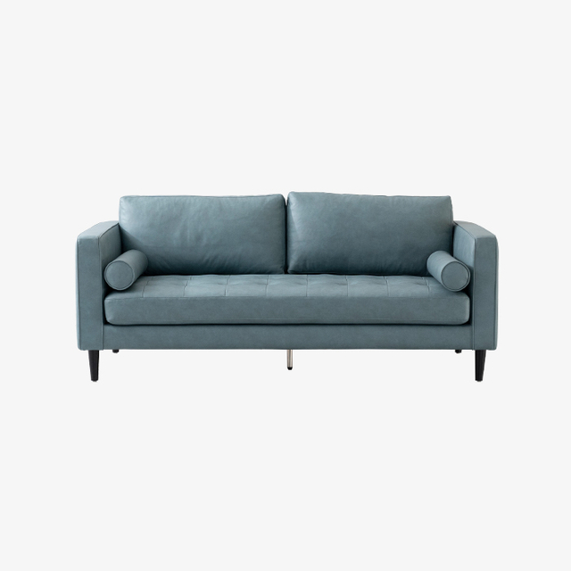 Blue Modern Leather 2 Seat Sofa with Pillows for Living Room