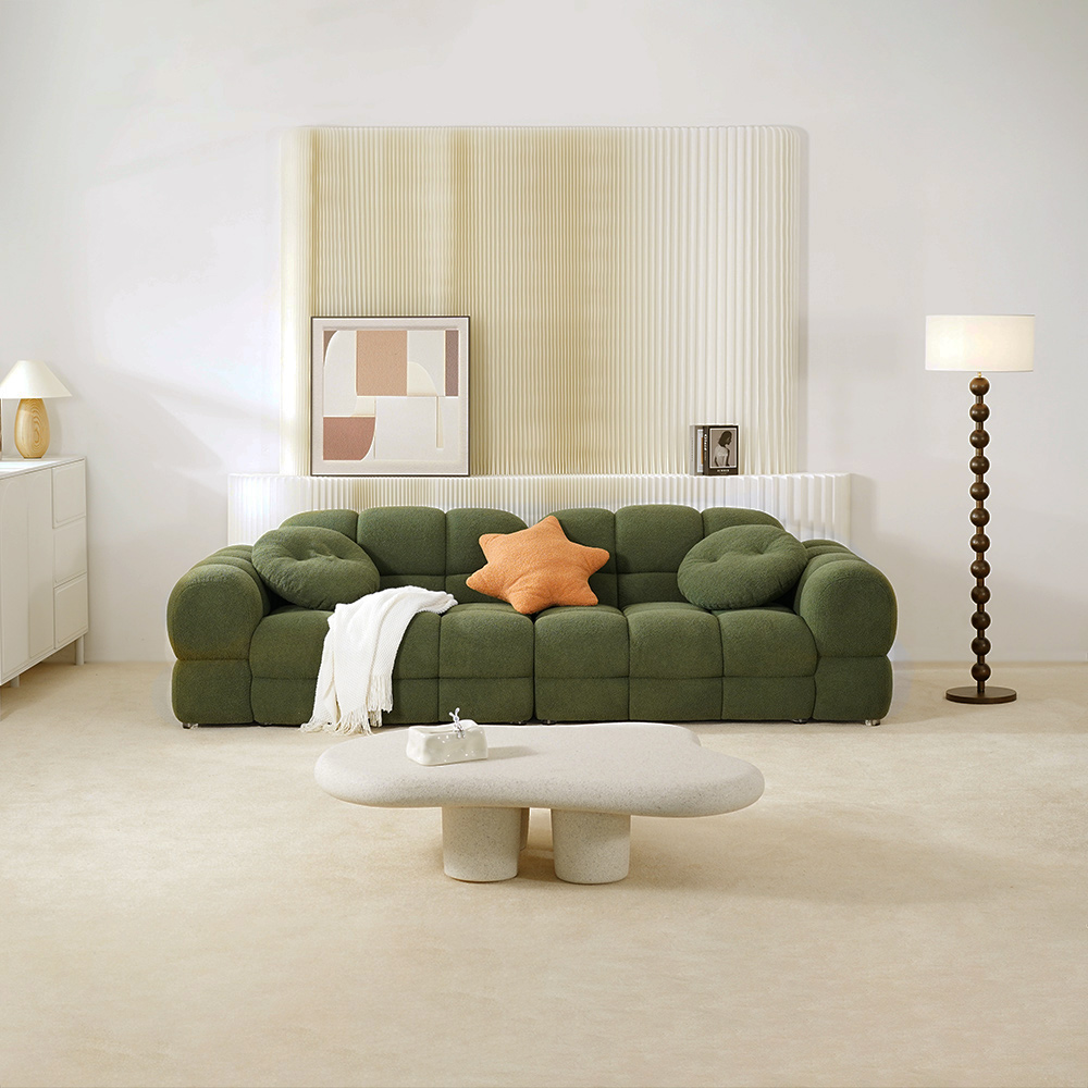 Modern Style Green Lazy Sofa Sherpa Fabric Three Seater Marshmallow Sofa with Pillows for Living Room