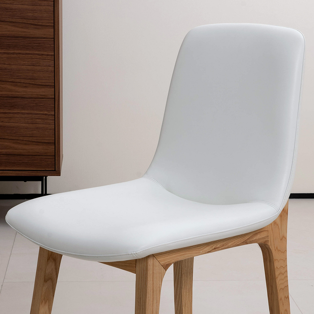 Modern White Leather Upholstered Dining Chairs with Wood Frame