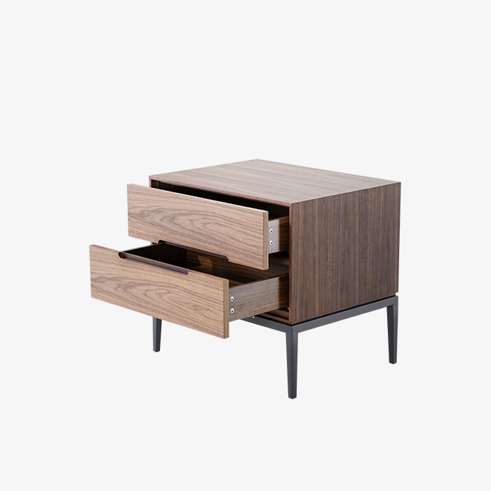 Modern Walnut Veneer MDF Drawer Nightstand with Powder-coated Metal Legs