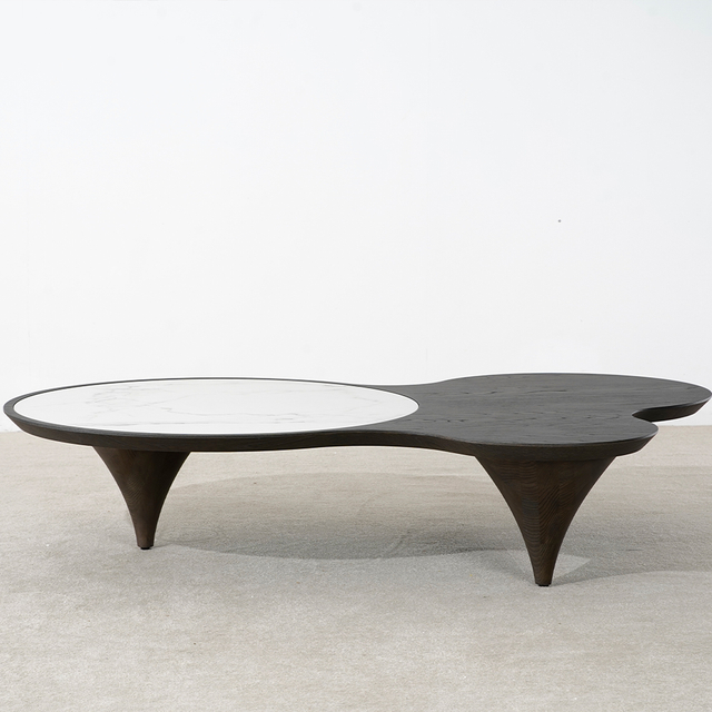 Modern Irregular Slate Top &Oak Veneer Small Coffee Table