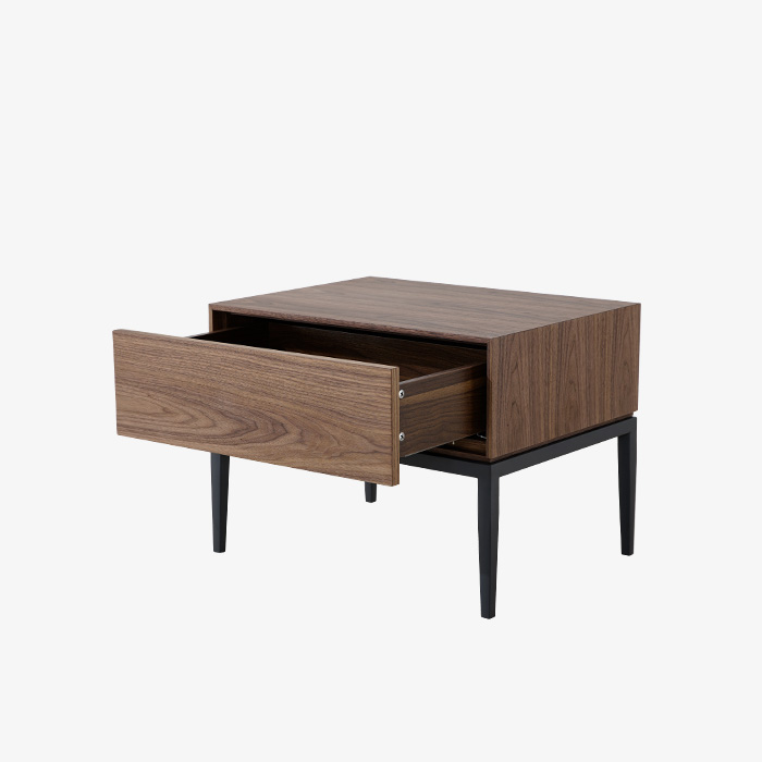 Modern Walnut Veneer MDF Drawer Nightstand with Powder-coated Metal Legs