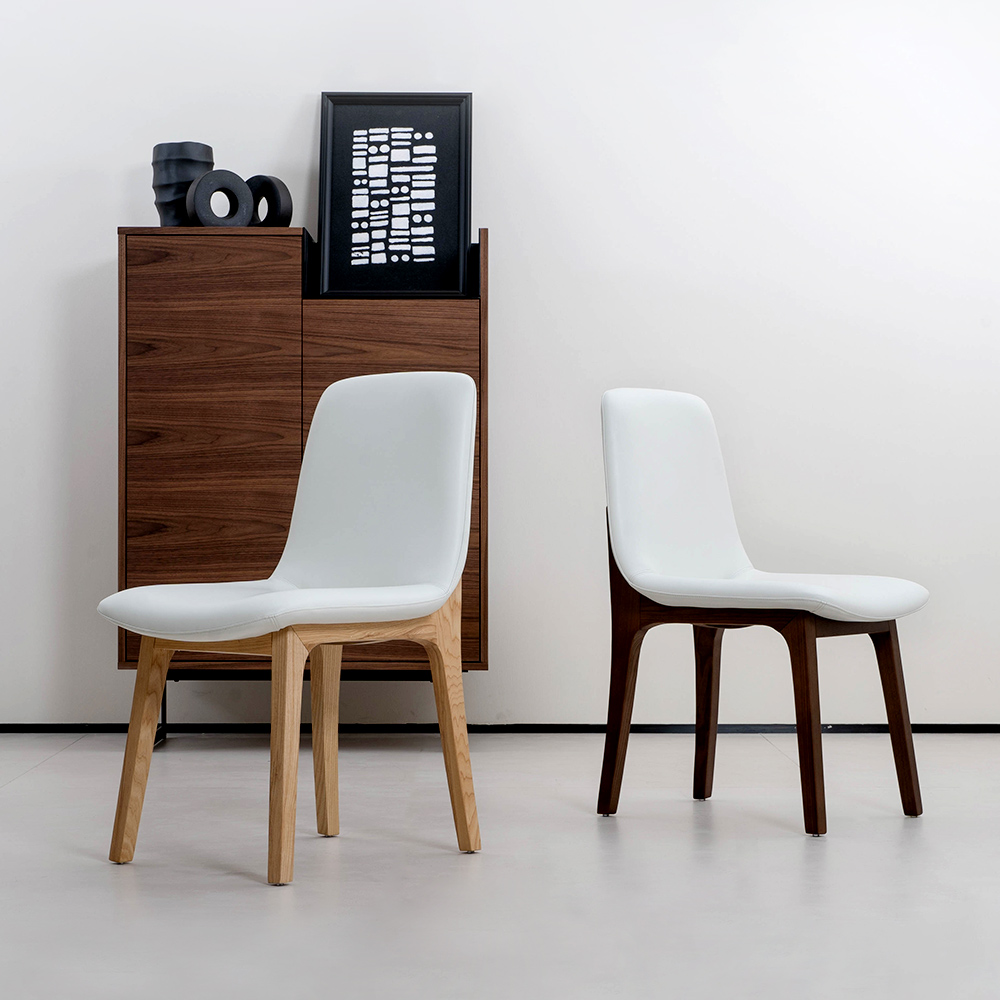 Modern White Leather Upholstered Dining Chairs with Wood Frame