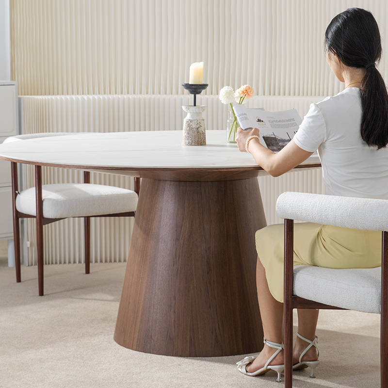 Modern Round Marble Top Dining Table with Walnut Veneer Base for Dining Room