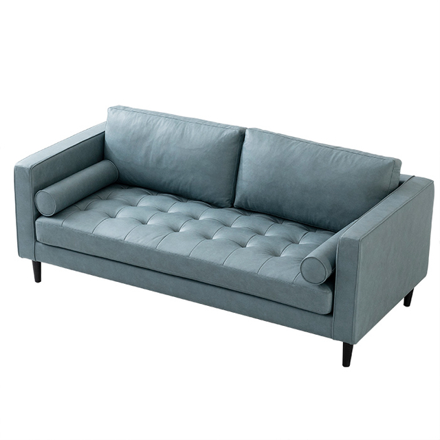 Blue Modern Leather 2 Seat Sofa with Pillows for Living Room