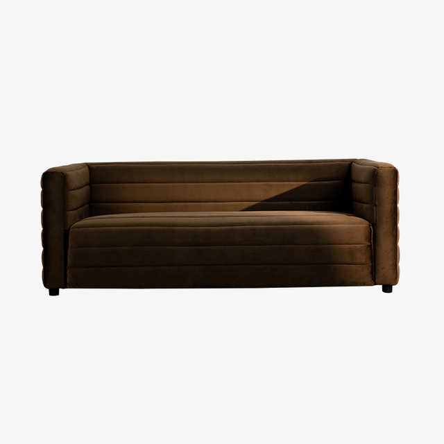Vintage Three Seater Channeled Brown Velvet Upholstered Sofa 