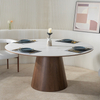 Modern Round Marble Top Dining Table with Walnut Veneer Base for Dining Room