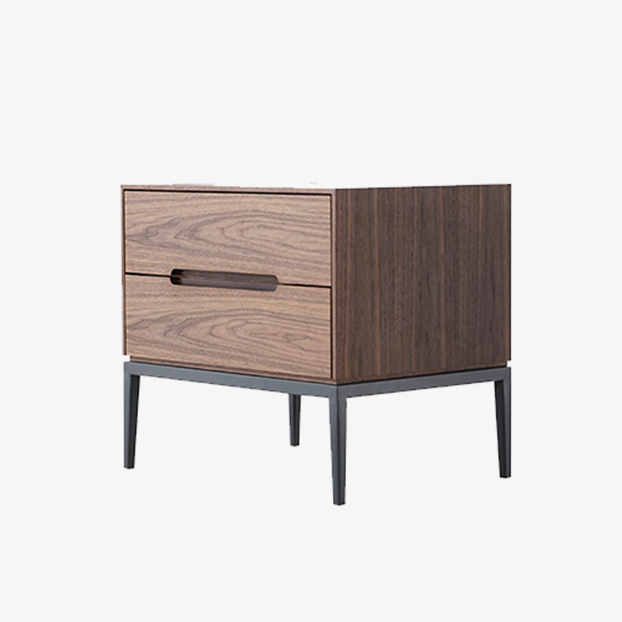 Modern Walnut Veneer MDF Drawer Nightstand with Powder-coated Metal Legs