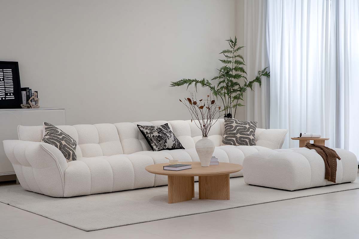 Modern White Sectional Sofa Set with Ruched Upholstery