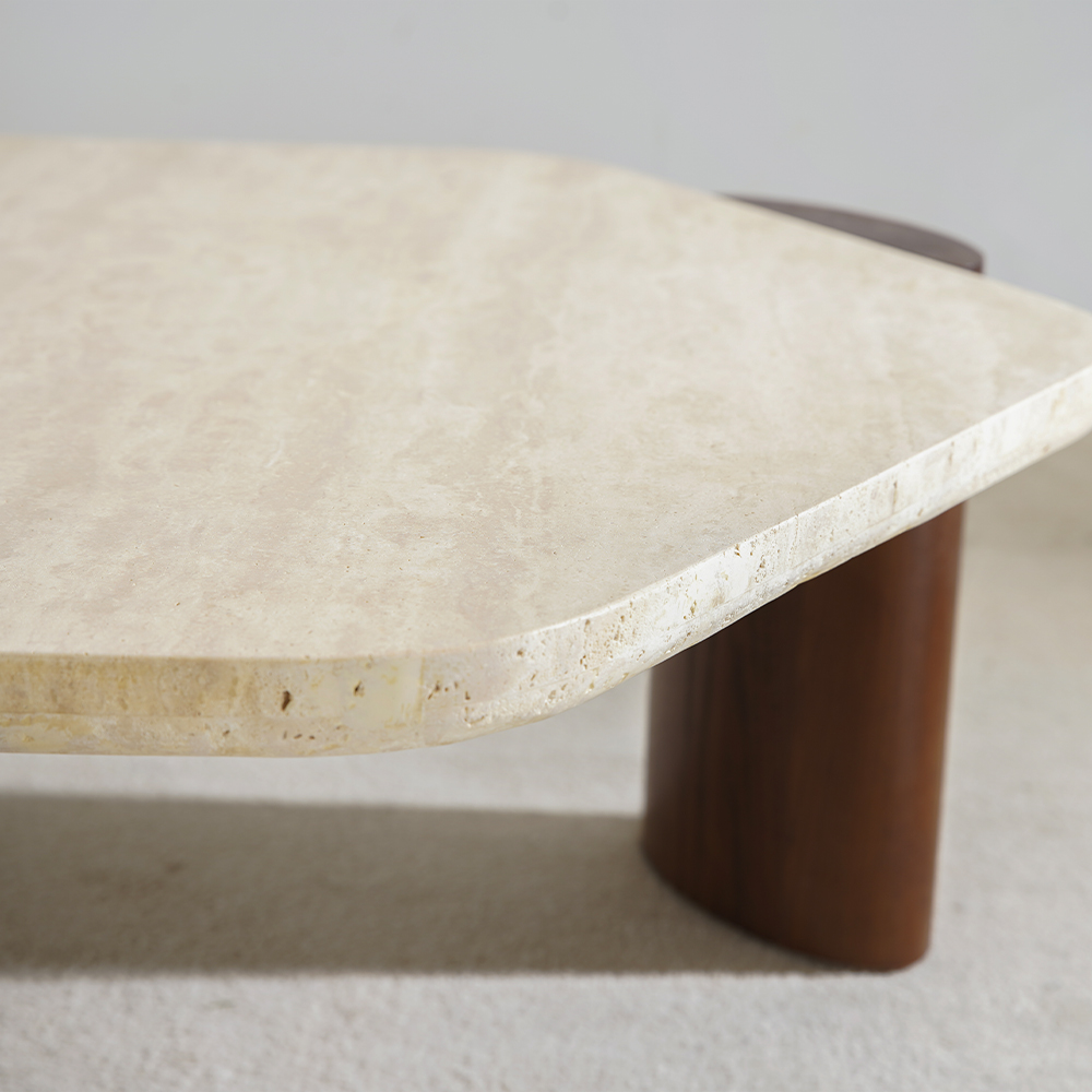 Natural Travertine Coffee Table with Walnut Wood Legs